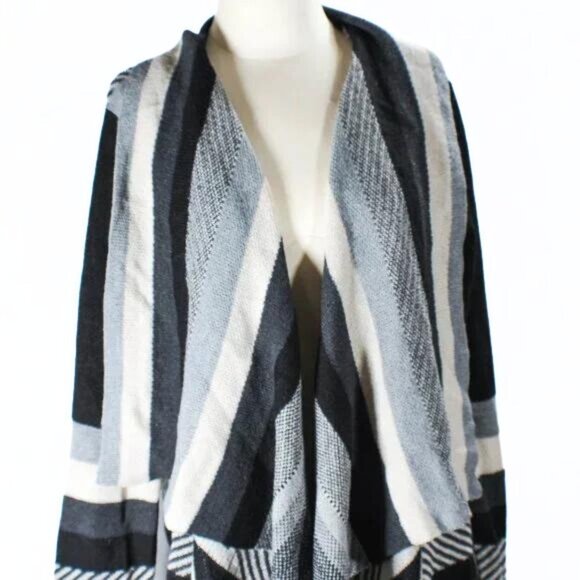 Collections Etc Color Block Open Cardigan Black Gray Off White Stripes Size XL - Picture 3 of 6